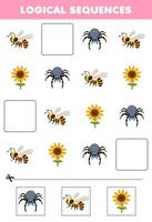 juego educativo para niños secuencias lógicas para niños con linda caricatura araña abeja flor hoja de trabajo imprimible error vector