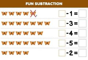 Education game for children fun subtraction by counting cute cartoon moth in each row and eliminating it printable bug worksheet vector