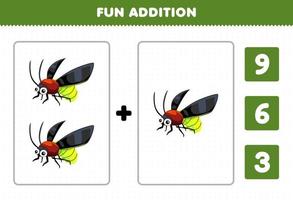 Education game for children fun addition by count and choose the correct answer of cute cartoon firefly printable bug worksheet vector