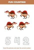 Education game for children count the pictures and color the correct number from cute cartoon spinosaurus printable prehistoric dinosaur worksheet vector