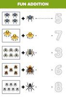 juego educativo para niños, adición divertida de araña de dibujos animados lindo, luego elija el número correcto rastreando la hoja de trabajo de error de línea vector