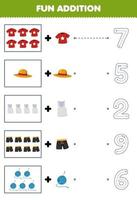 Education game for children fun addition of cartoon t shirt hat singlet pant yarn then choose the correct number by tracing the line clothes worksheet