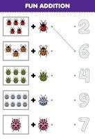 Education game for children fun addition of cute cartoon ladybug then choose the correct number by tracing the line bug worksheet vector