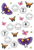 juego educativo para completar la secuencia de números con una linda hoja de trabajo imprimible de dibujos animados de mariposas vector