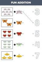 Education game for children fun addition of cute cartoon moth then choose the correct number by tracing the line bug worksheet vector