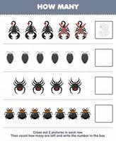 Education game for children count how many cute cartoon scorpion louse spider beetle and write the number in the box printable bug worksheet vector