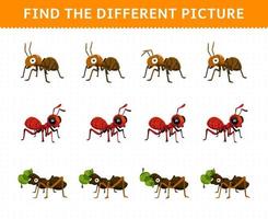 Education game for children find the different picture in each row of cute cartoon ant printable bug worksheet vector