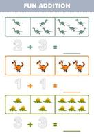 Education game for children fun addition by counting and tracing the number of cute cartoon velociraptor stygimoloch demitrodon printable prehistoric dinosaur worksheet vector