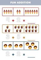 Education game for children fun addition by counting and tracing the number of cute cartoon ice cream honey donut printable food worksheet vector