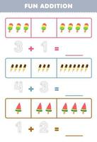 Education game for children fun addition by counting and tracing the number of cute cartoon popsicle printable food worksheet vector