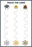 Education game for children handwriting practice trace the lines with cute cartoon spider and web picture printable bug worksheet vector