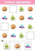 Education game for children logical sequences for kids with cute cartoon jupiter planet alien ufo printable solar system worksheet vector