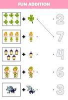 Education game for children fun counting and add one more cute cartoon fairytale set then choose the correct number by tracing the line halloween worksheet vector