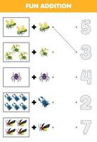 Education game for children fun addition of cute cartoon dragonfly mantis spider beetle firefly then choose the correct number by tracing the line bug worksheet vector