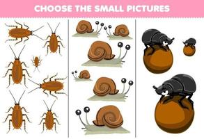 juego educativo para niños, elija la imagen pequeña de una linda caricatura, cucaracha, caracol, escarabajo, hoja de trabajo de error imprimible vector