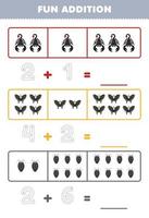 Education game for children fun addition by counting and tracing the number of cute cartoon scorpion butterfly louse printable bug worksheet vector