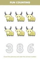 juego educativo para niños cuente las imágenes y coloree el número correcto de la hoja de trabajo imprimible de animales de cabra blanca de dibujos animados lindo vector