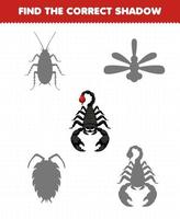 Education game for children find the correct shadow set of cute cartoon scorpion printable bug worksheet vector