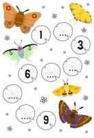 Education game for complete the sequence of number with cute cartoon moth picture printable bug worksheet vector