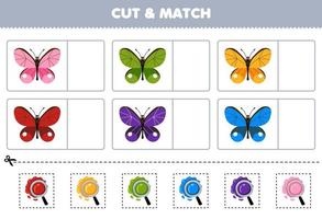 juego educativo para niños cortar y combinar el mismo color de la hoja de trabajo de error imprimible de mariposa de dibujos animados lindo vector