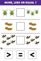 juego educativo para niños más menos o igual contar la cantidad de dibujos animados lindo escarabajo gusano de seda luciérnaga luego cortar y pegar cortar la hoja de trabajo de error de señal correcta vector