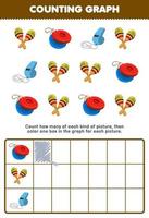 Education game for children count how many cute cartoon castanet maracas whistle then color the box in the graph printable music instrument worksheet vector