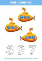 Education game for children count the pictures and color the correct number from cute cartoon submarine printable transportation worksheet vector