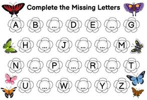 Education game for complete the missing letters with cute cartoon butterfly picture printable bug worksheet vector