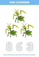 juego educativo para niños cuente las imágenes y coloree el número correcto de la hoja de trabajo de error imprimible de mantis de dibujos animados lindo vector