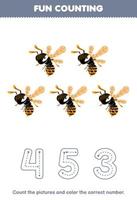 Education game for children count the pictures and color the correct number from cute cartoon bee wasp printable bug worksheet vector