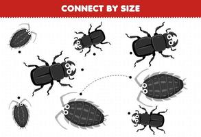 Educational game for kids connect by the size of cute cartoon beetle and louse printable bug worksheet vector