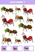 Education game for children searching and counting how many objects of cute cartoon ant printable bug worksheet vector