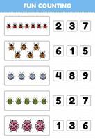 Education game for children fun counting and choosing the correct number of cute cartoon ladybug printable bug worksheet vector