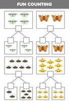 juego educativo para niños diversión contando imágenes en cada caja de hoja de trabajo de error imprimible de polilla de dibujos animados lindo vector