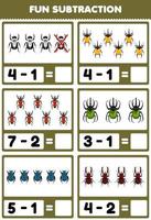 Education game for children fun subtraction by counting and eliminating cute cartoon beetle printable bug worksheet vector