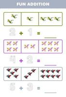 Education game for children fun addition by counting and tracing the number of cute cartoon flying dinosaur printable prehistoric dinosaur worksheet vector