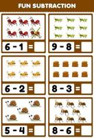 Education game for children fun subtraction by counting and eliminating cute cartoon ant grasshopper wood log snail printable bug worksheet