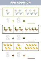 Education game for children fun addition by counting and tracing the number of cute cartoon goose duck duckling printable farm worksheet vector