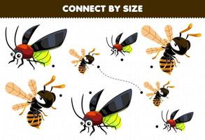 juego educativo para niños que se conectan por el tamaño de la linda caricatura de luciérnaga y hoja de trabajo imprimible de abejas vector