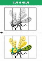 juego educativo para niños corta y pega con una linda hoja de trabajo imprimible de libélula de dibujos animados vector