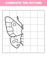 Education game for children complete the picture of cute cartoon butterfly half outline for drawing printable bug worksheet vector