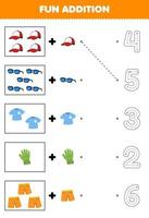 Education game for children fun addition of cartoon cap glasses t shirt glove pant then choose the correct number by tracing the line clothes worksheet vector