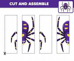 juego educativo para niños práctica de corte y armar rompecabezas con hoja de trabajo de error imprimible de araña púrpura de dibujos animados lindo vector