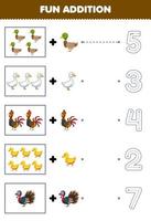 Education game for children fun addition of cartoon duck duckling chicken goose turkey then choose the correct number by tracing the line farm worksheet vector