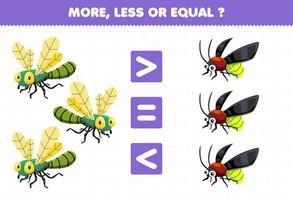 Education game for children more less or equal count the amount of cute cartoon dragonfly and firefly printable bug worksheet vector