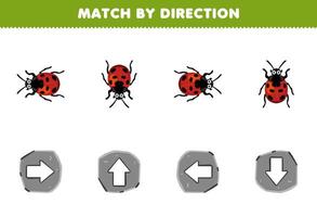 Education game for children match by direction left right up or down orientation of cute cartoon ladybug printable bug worksheet vector