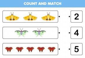 Education game for children count the number of cute cartoon moth and match with the right numbers printable bug worksheet vector