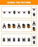 Education game for children guess the pattern each row from cute cartoon fly louse scorpion beetle spider printable bug worksheet vector