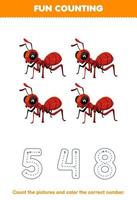 Education game for children count the pictures and color the correct number from cute cartoon ant printable bug worksheet vector