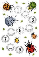 Education game for complete the sequence of number with cute cartoon ladybug picture printable bug worksheet vector